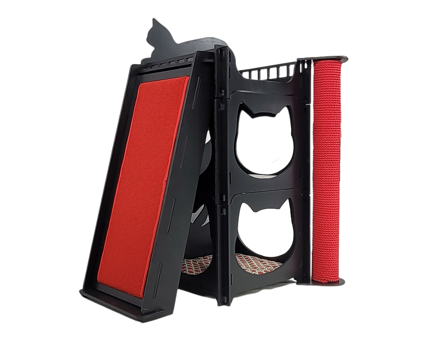 Two tier five piece modular set in black and red with lounge, 30 inch scratching pole and ramp for the third level